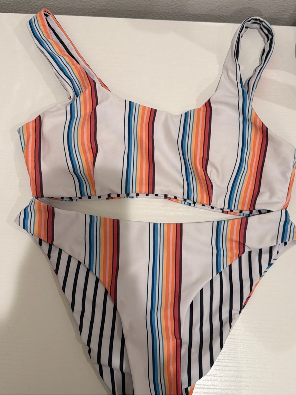 Cupshe Girls White Bikini with Orange, Blue, Yellow & Black Stripes